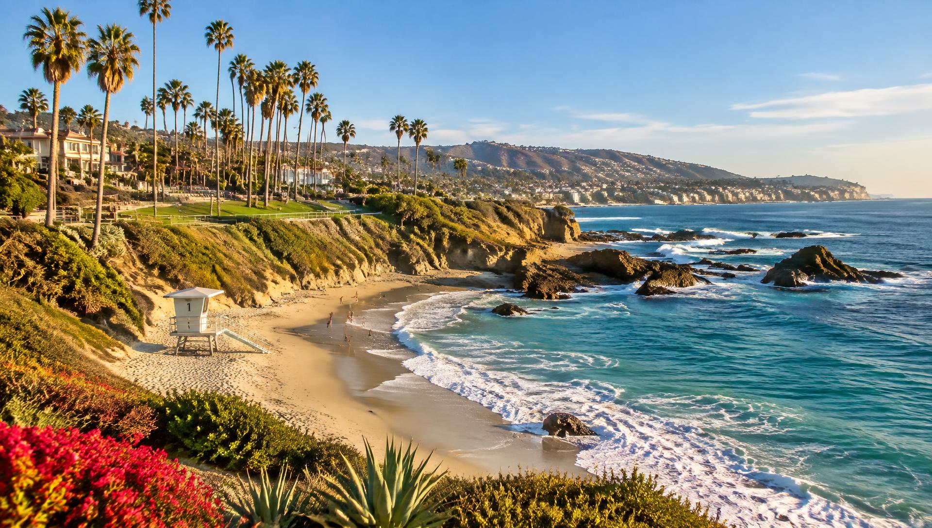 Laguna Beach coastline with palm trees at golden hour